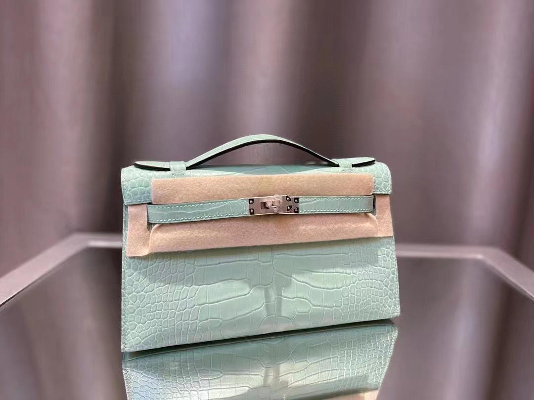 에르메스 켈리 포쉐트 민트 은장 악어가죽